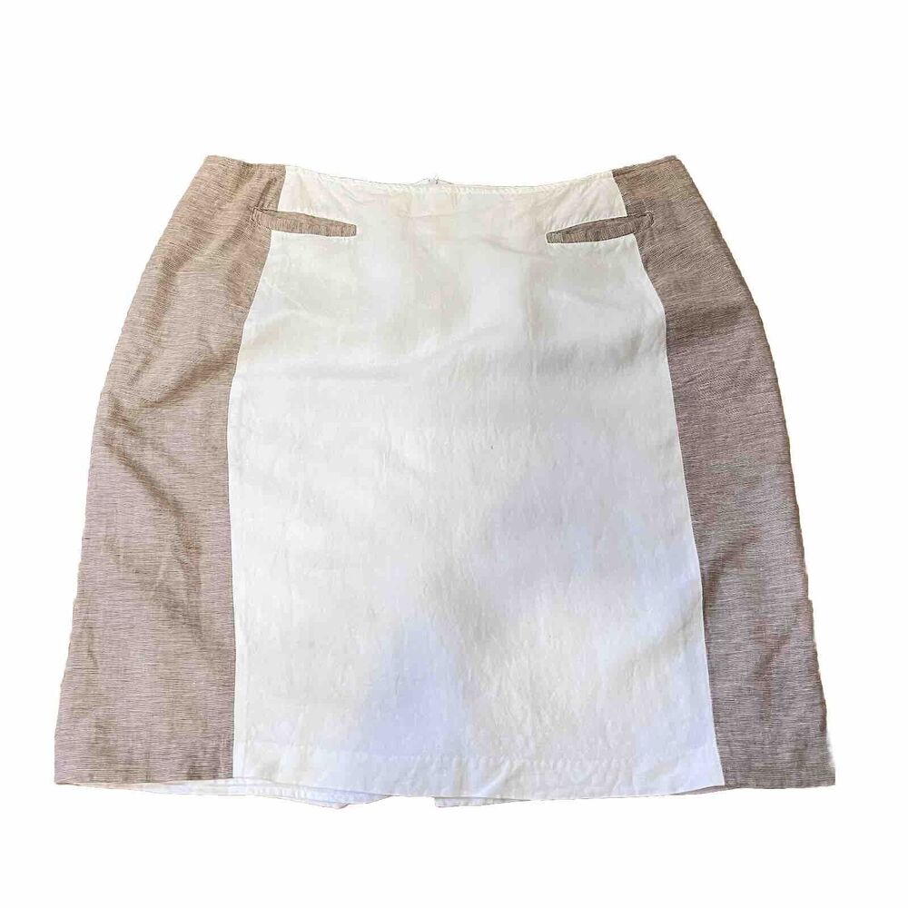 Ashley Stewart White and Tan Linen Blend Midi Skirt Size 20W Neutral A Line